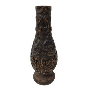 Vintage Hand Carved Turned Wood Vase 3D Raised Floral Design Rustic Primitive